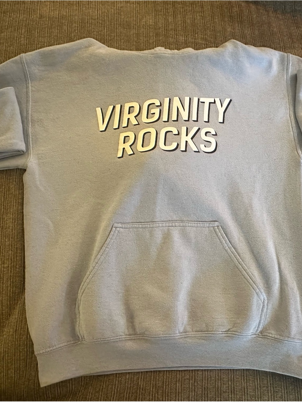Light Blue Graphic Pullover Hoodie with 'Virginity Rocks' Text